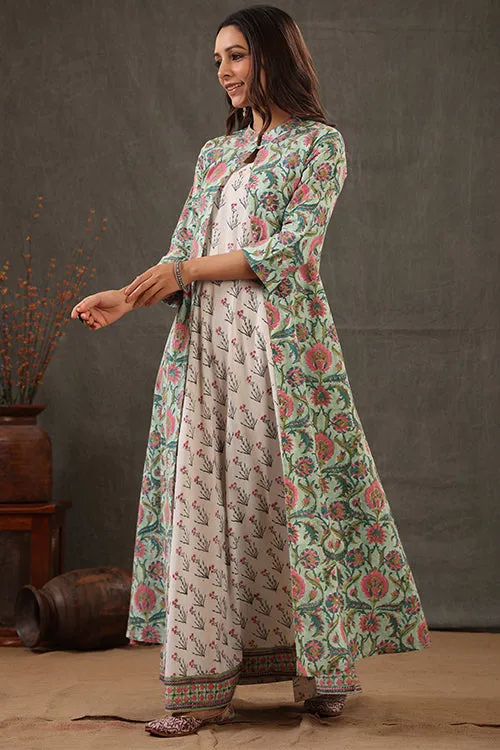 Shuddhi Mint Green Block Printed Double Layered Dress