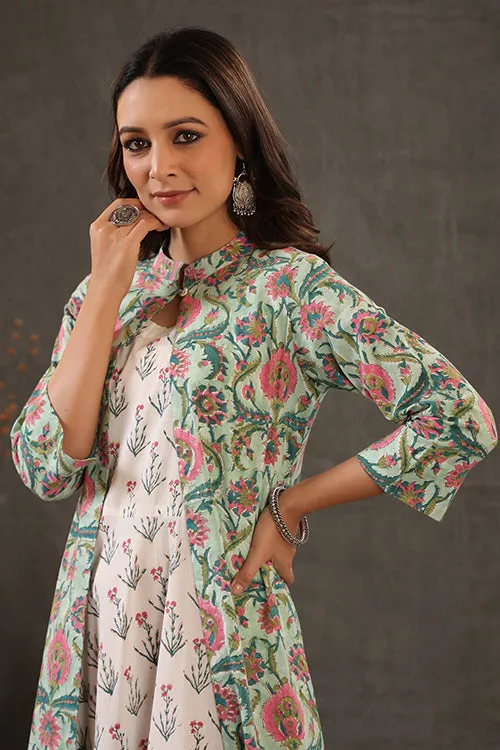 Shuddhi Mint Green Block Printed Double Layered Dress