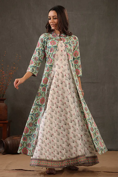 Shuddhi Mint Green Block Printed Double Layered Dress