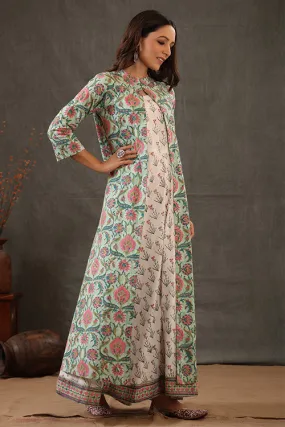 Shuddhi Mint Green Block Printed Double Layered Dress