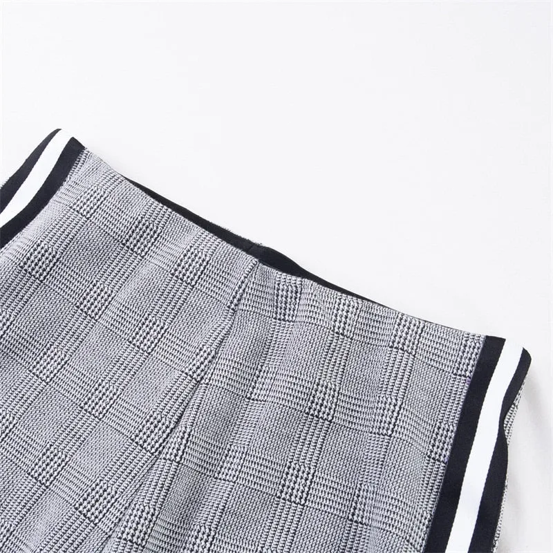 Side Striped Plaid Print High Elastic Waist Pencil Pants