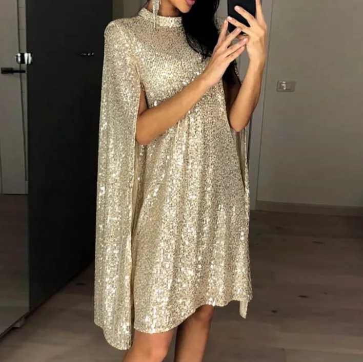 Silver Patchwork Sequin Fashion Cape Dress