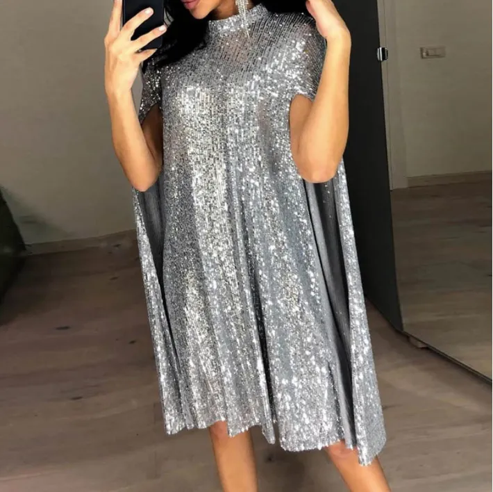 Silver Patchwork Sequin Fashion Cape Dress