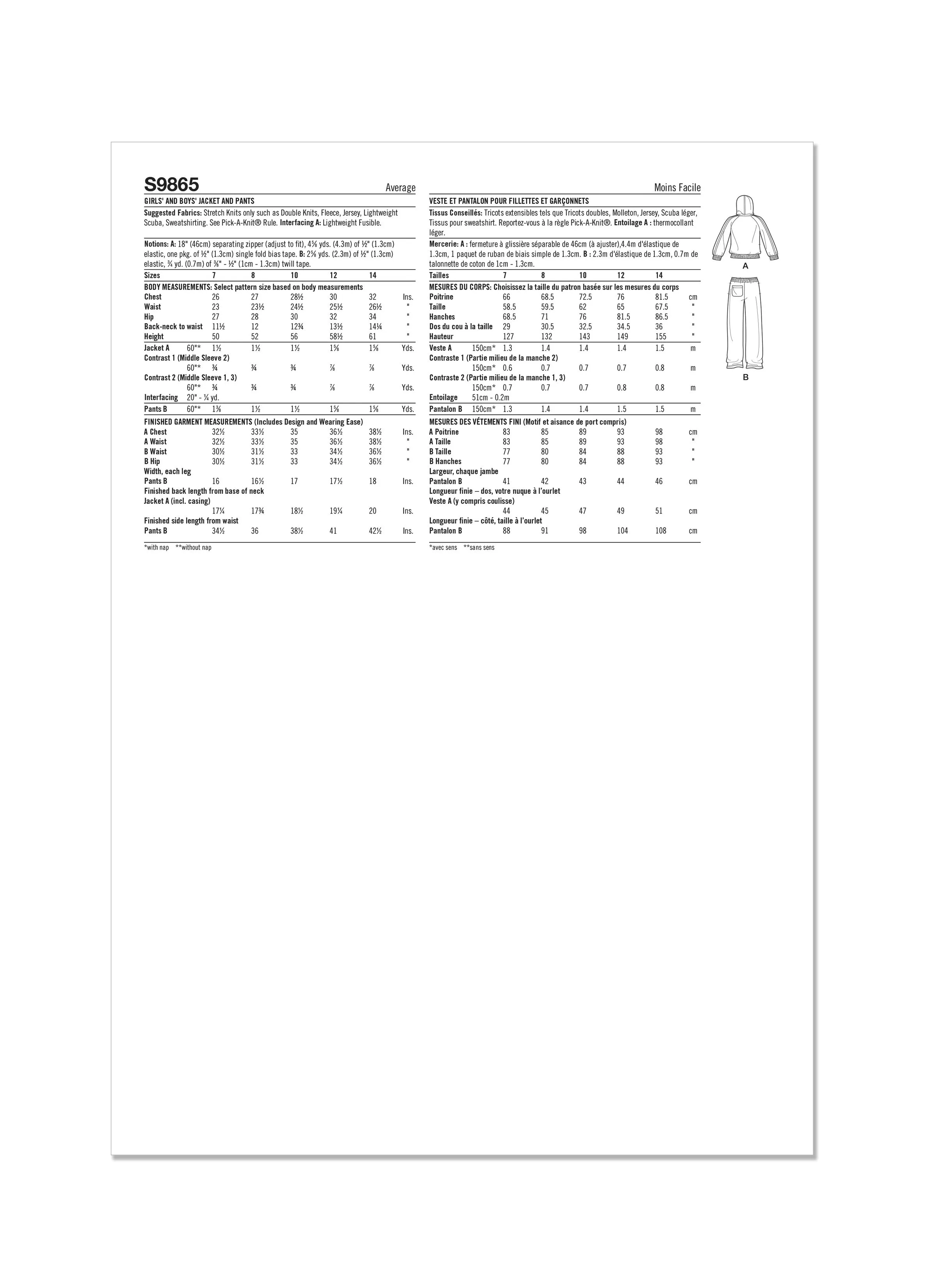 Simplicity Sewing Pattern 9865 Children's Jacket and Pants