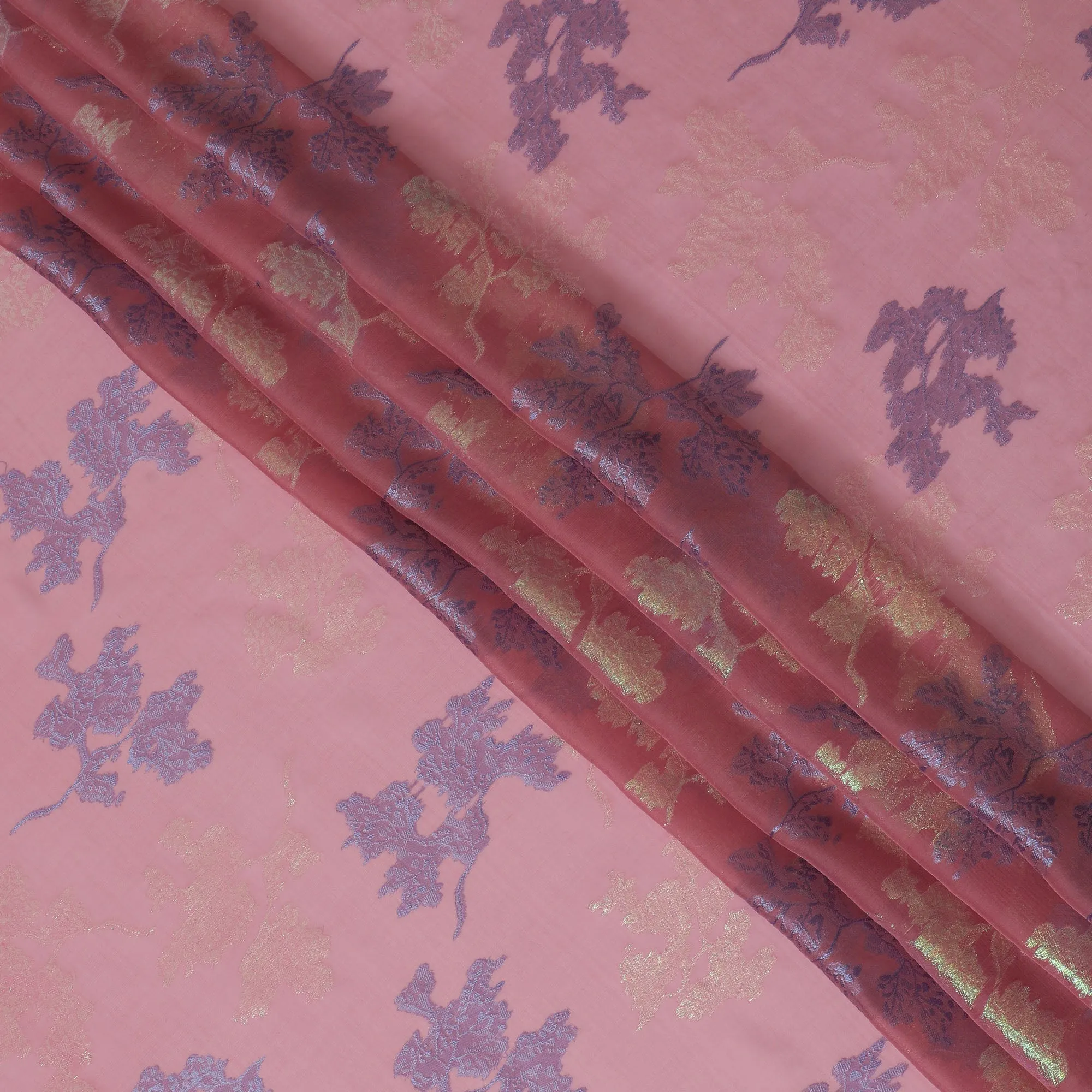 Soft Pink Silk Chiffon Fabric with Blue Lurex Floral Patterns, 110 cm Width - Imported from South Korea-D20233