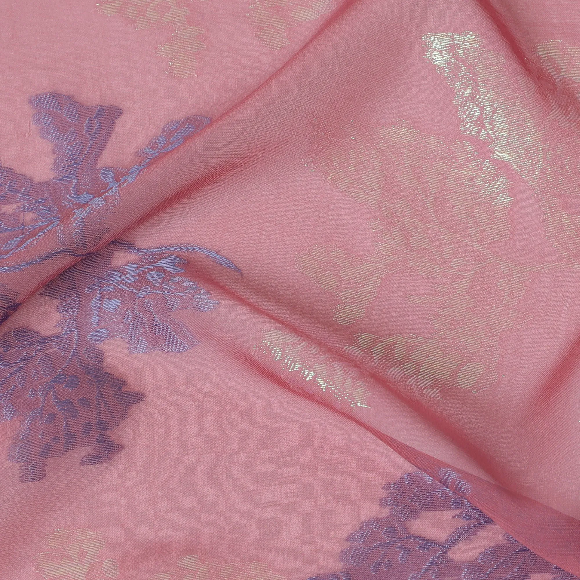 Soft Pink Silk Chiffon Fabric with Blue Lurex Floral Patterns, 110 cm Width - Imported from South Korea-D20233