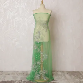 Spring Green Nylon Tulle Fabric with Silver Floral Embroidery - 140cm Wide-D19266