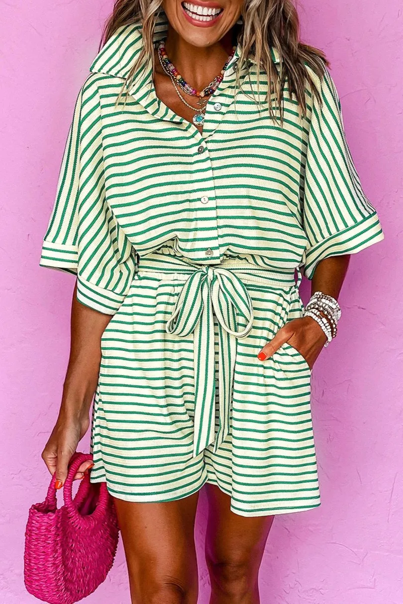 Stripe Textured Short Sleeve Romper