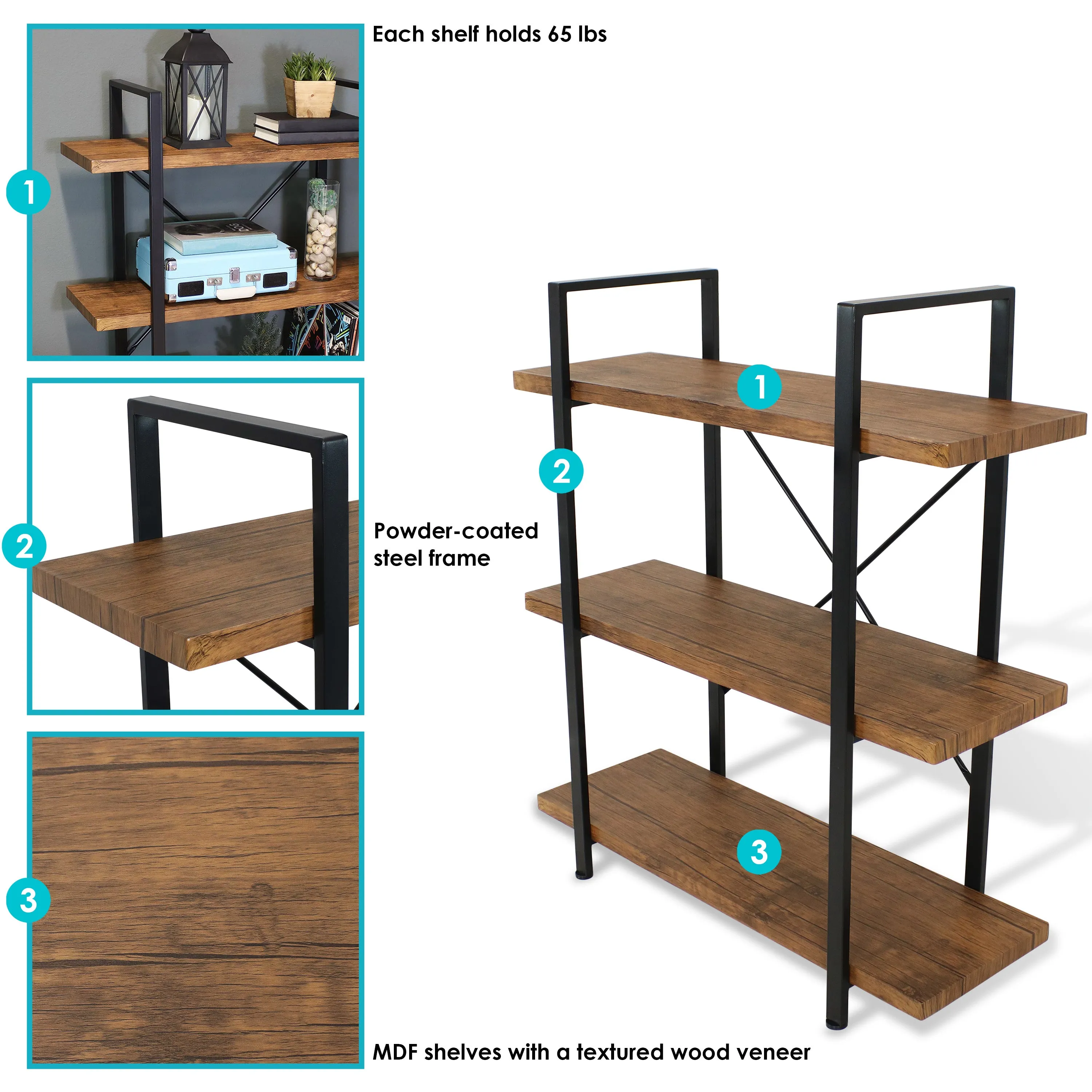 Sunnydaze 3-Tier Industrial Style Open Bookshelf - Teak