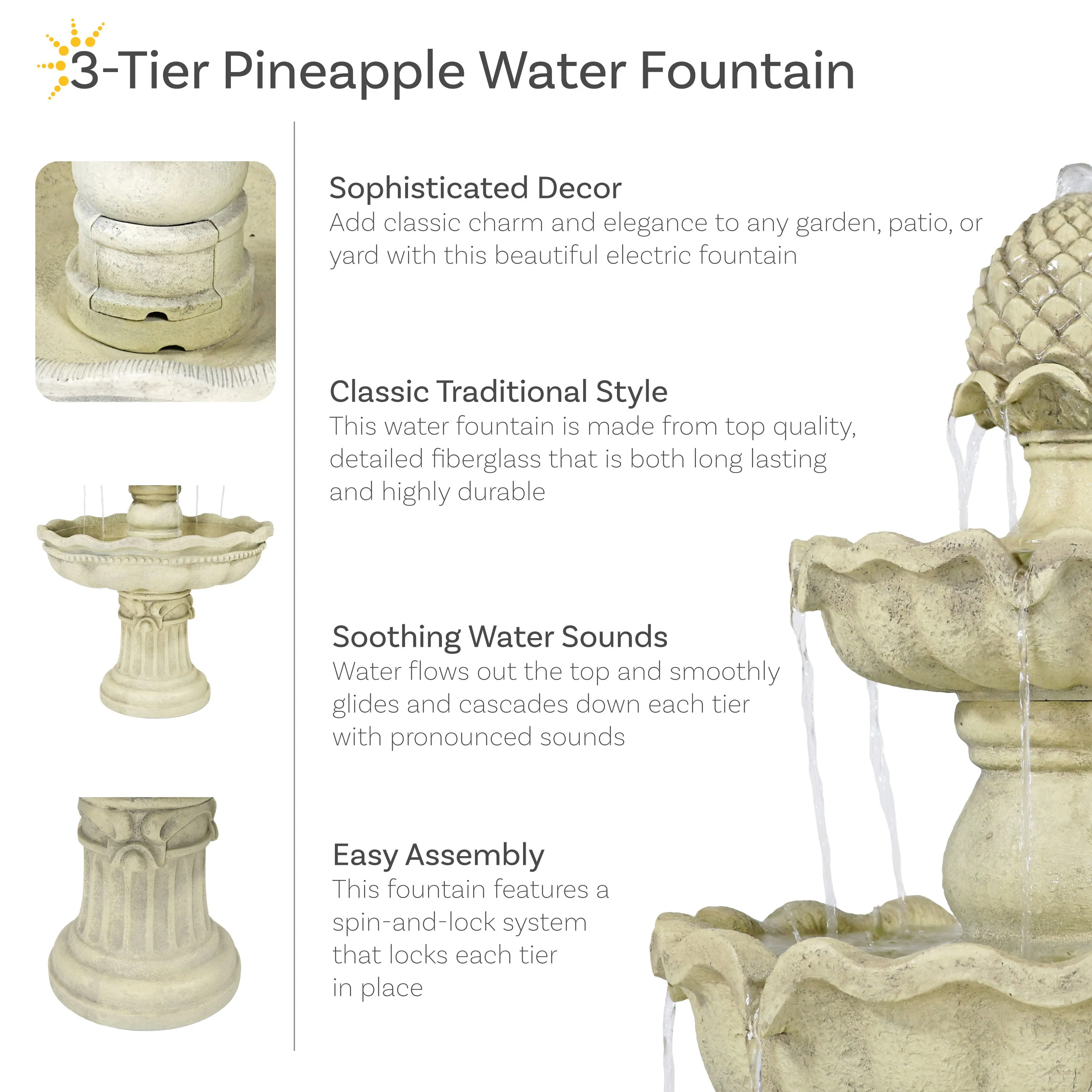 Sunnydaze 3-Tier Pineapple Garden Fountain - White - 51" H