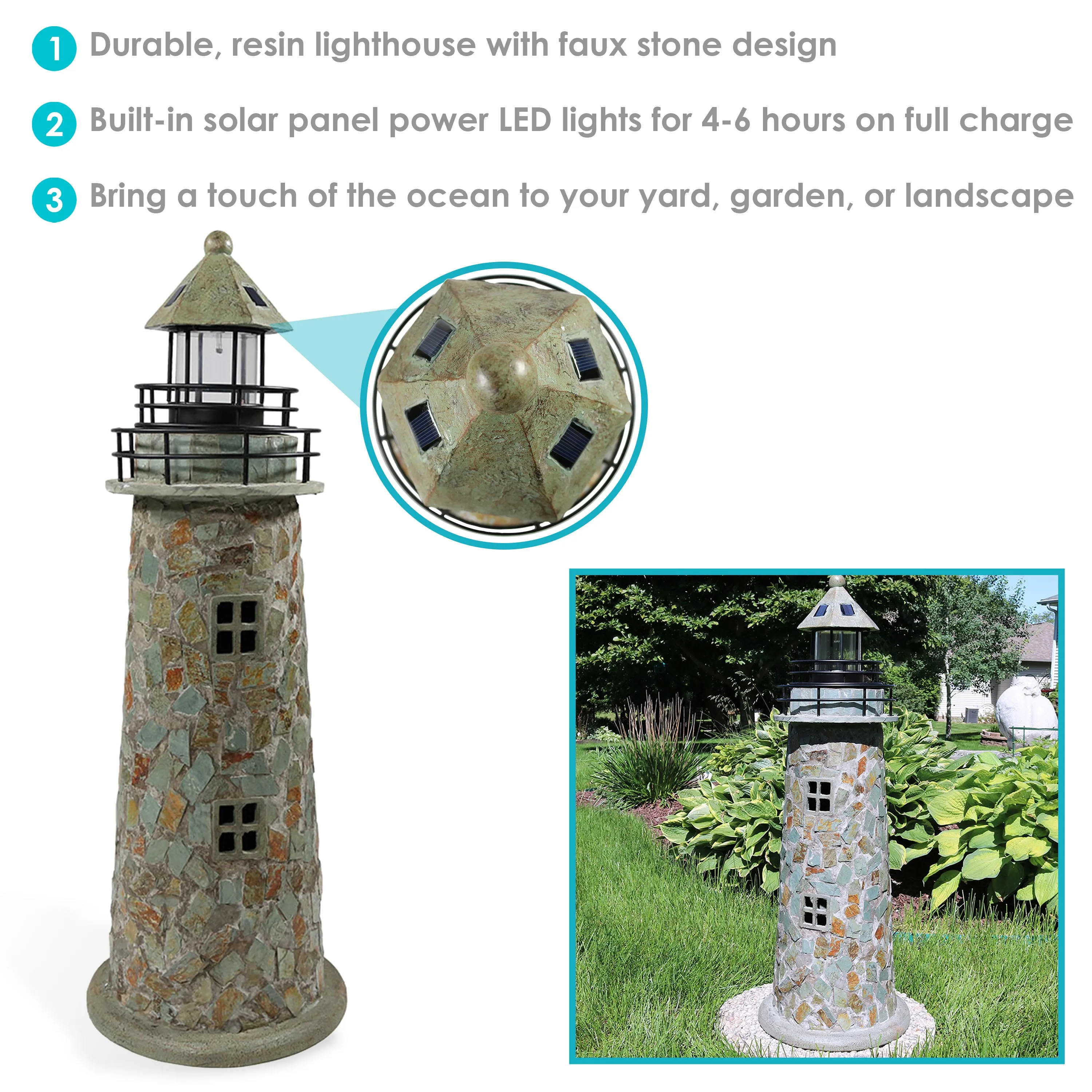 Sunnydaze Cobblestone Solar LED Lighthouse - 35" H