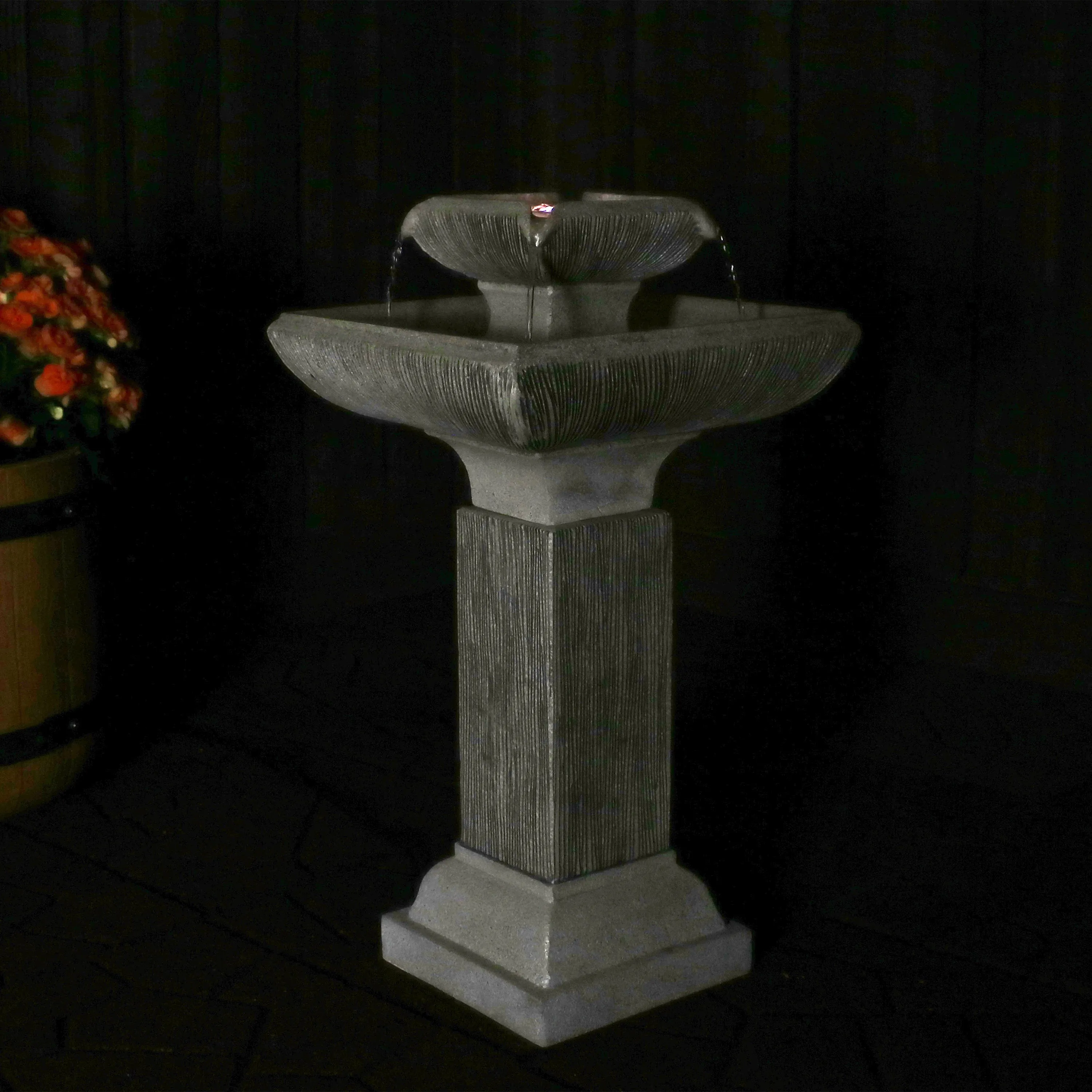 Sunnydaze Square 2-Tier Outdoor Bird Bath Fountain with LED Lights - 25"