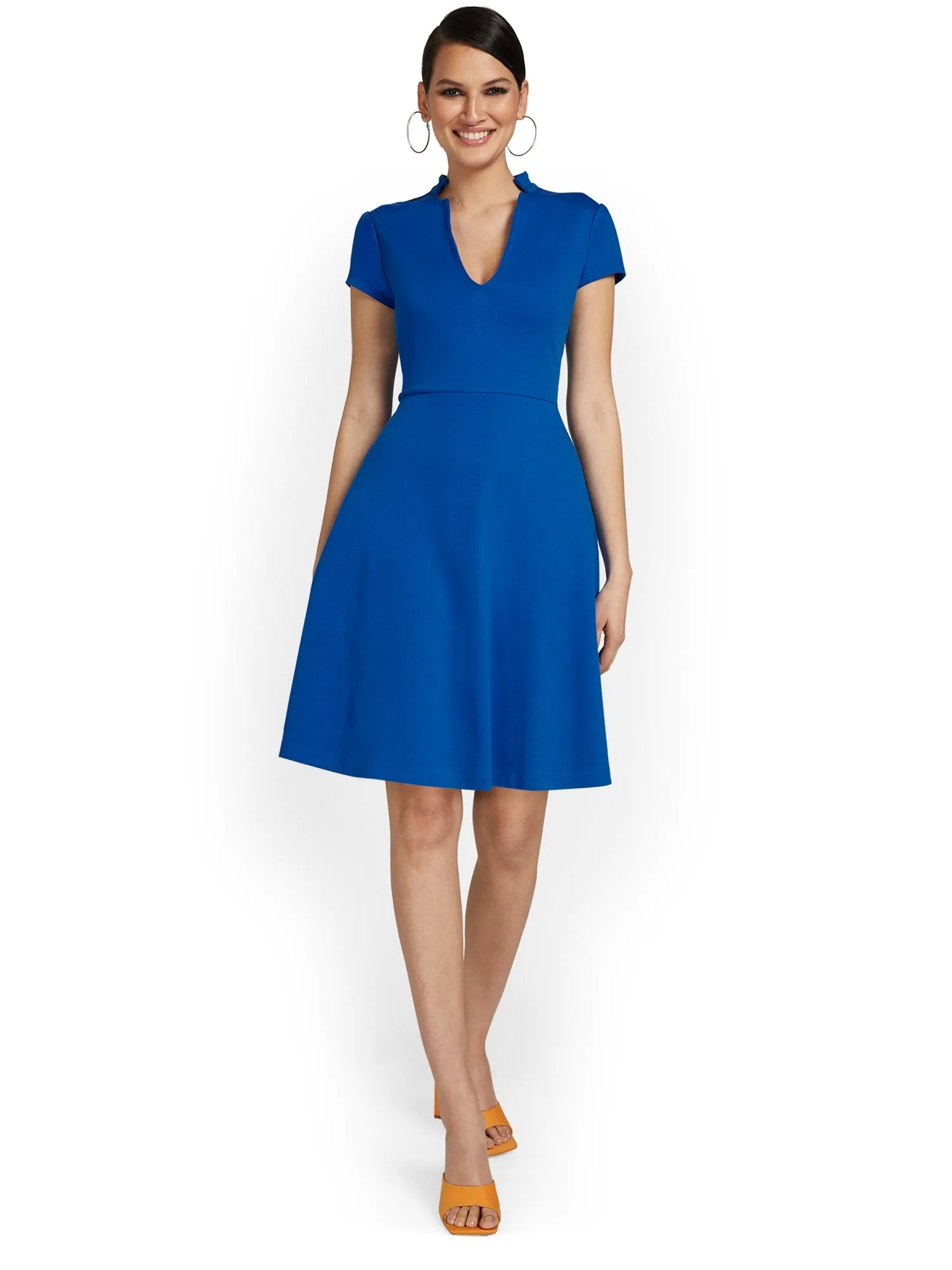 Tall Split-Neck Puff-Sleeve Flare Dress - City Knits