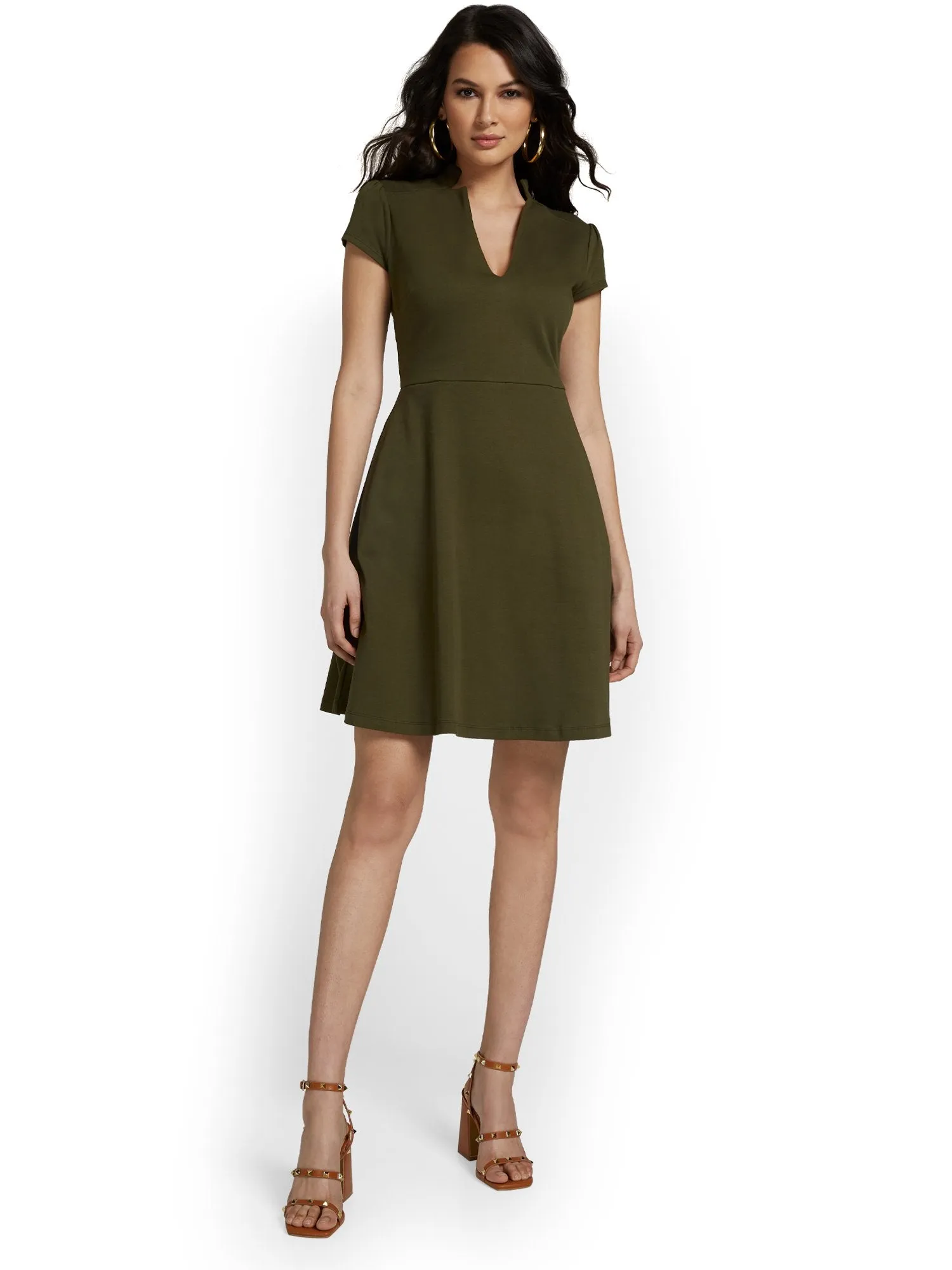 Tall Split-Neck Puff-Sleeve Flare Dress - City Knits