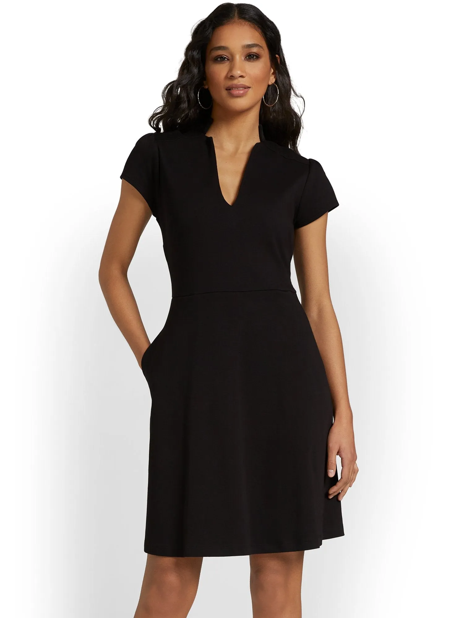 Tall Split-Neck Puff-Sleeve Flare Dress - City Knits