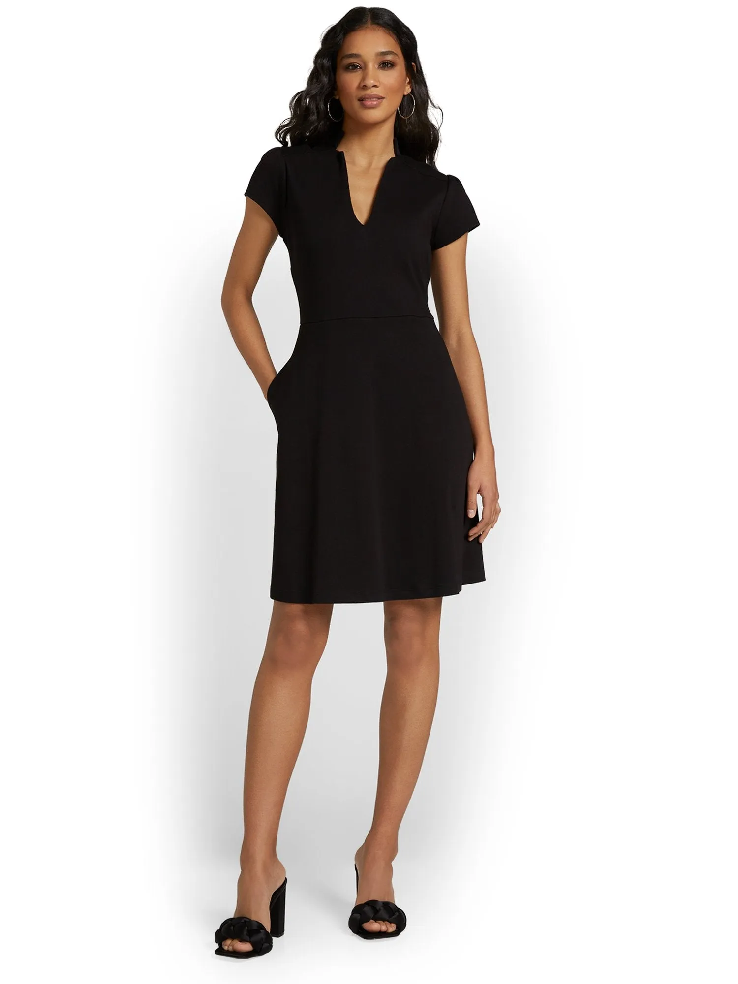 Tall Split-Neck Puff-Sleeve Flare Dress - City Knits