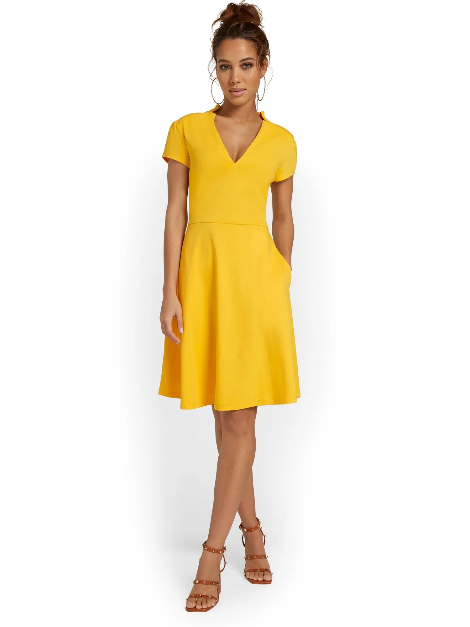 Tall Split-Neck Puff-Sleeve Flare Dress - City Knits