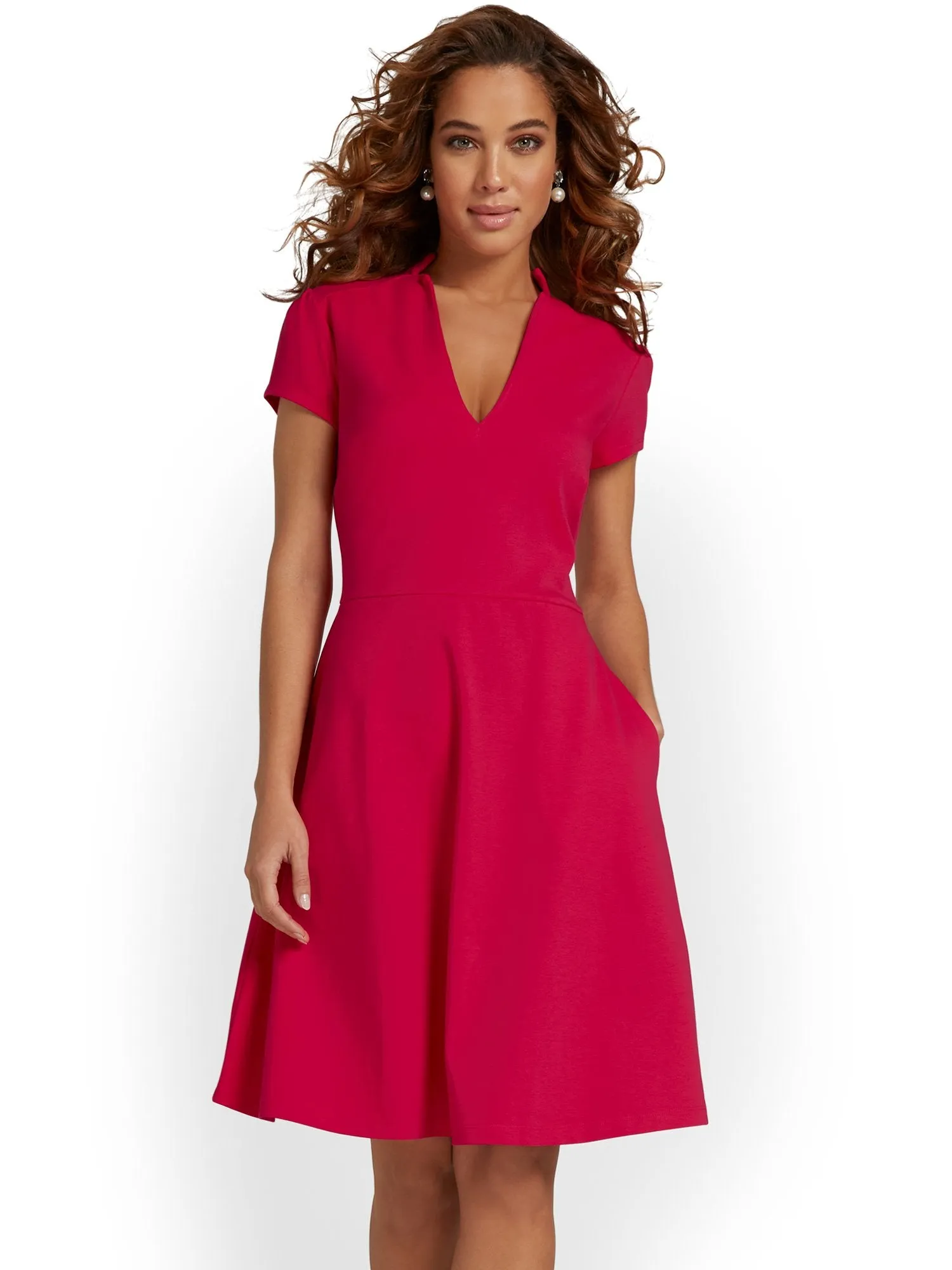 Tall Split-Neck Puff-Sleeve Flare Dress - City Knits