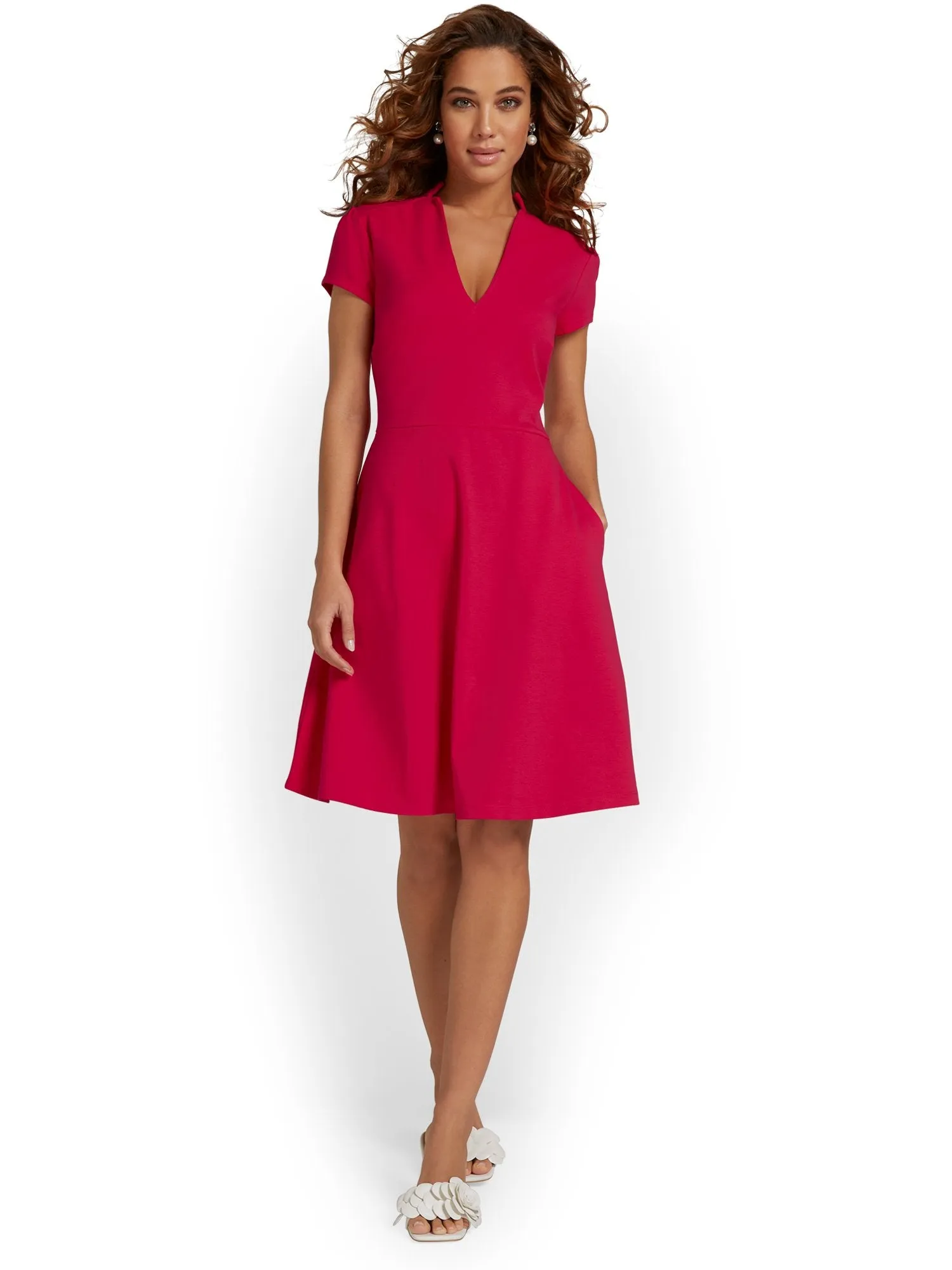 Tall Split-Neck Puff-Sleeve Flare Dress - City Knits