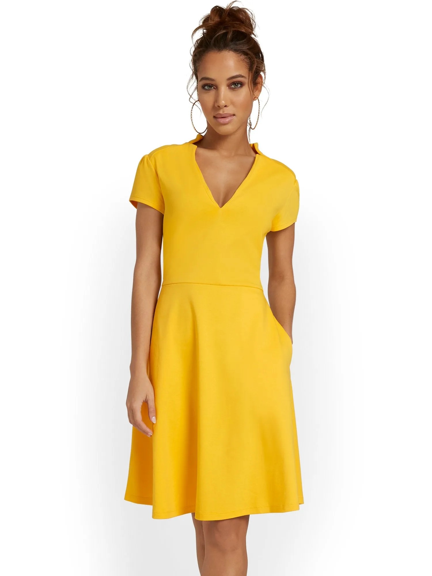 Tall Split-Neck Puff-Sleeve Flare Dress - City Knits