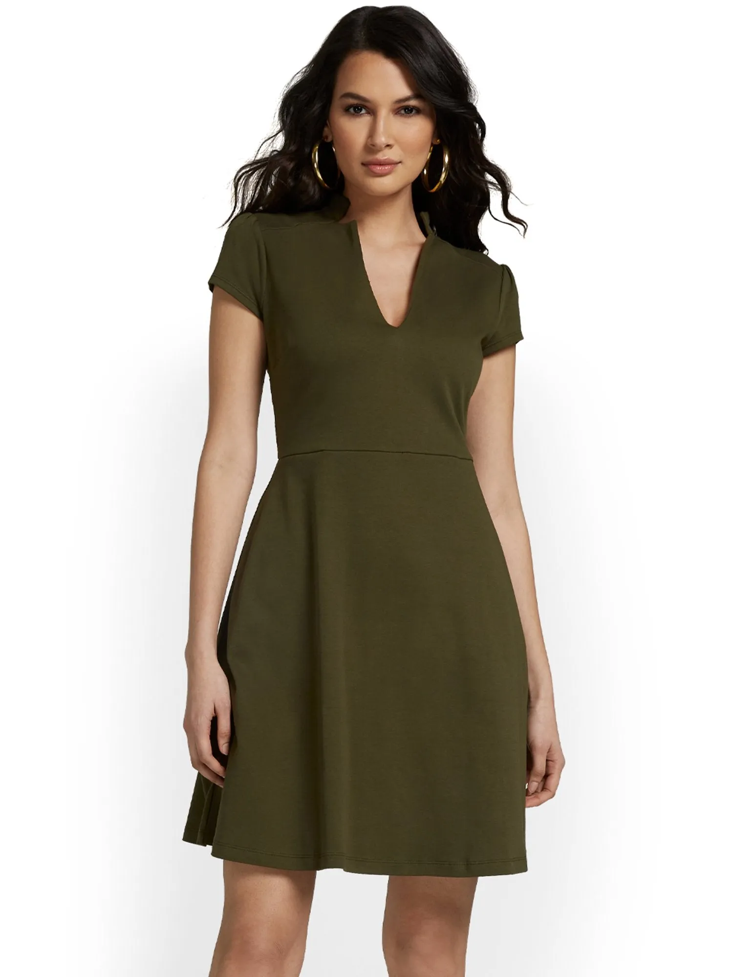 Tall Split-Neck Puff-Sleeve Flare Dress - City Knits