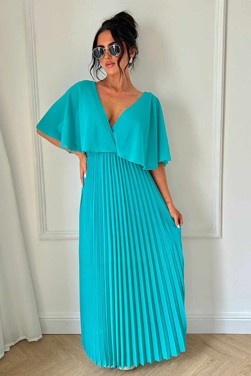 Tama Turquoise Cape Sleeve Maxi Dress