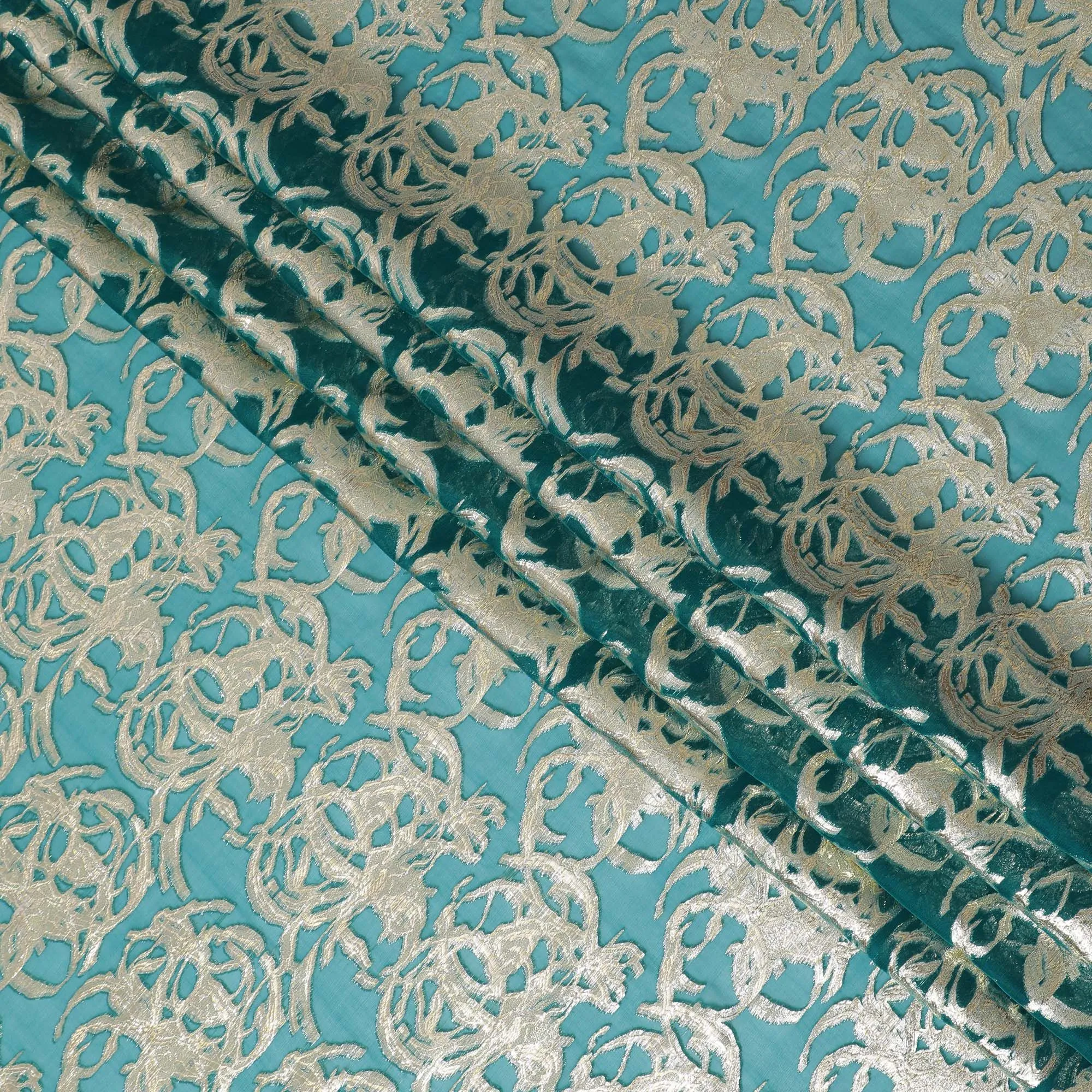 Teal green Pure Silk Chiffon with Ornate Silver Lurex, 110cm Width - Opulent Fabric from South Korea-D17907