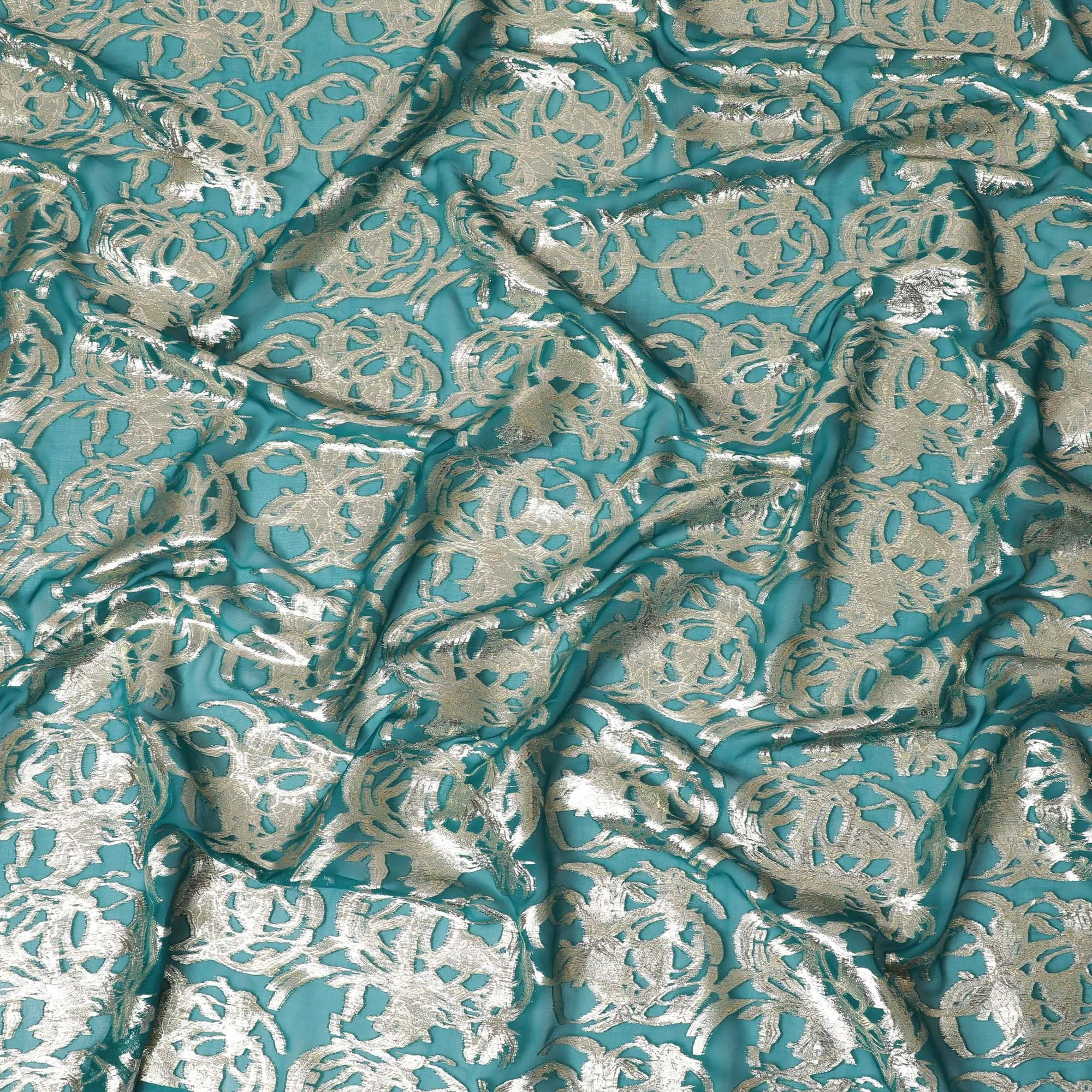 Teal green Pure Silk Chiffon with Ornate Silver Lurex, 110cm Width - Opulent Fabric from South Korea-D17907