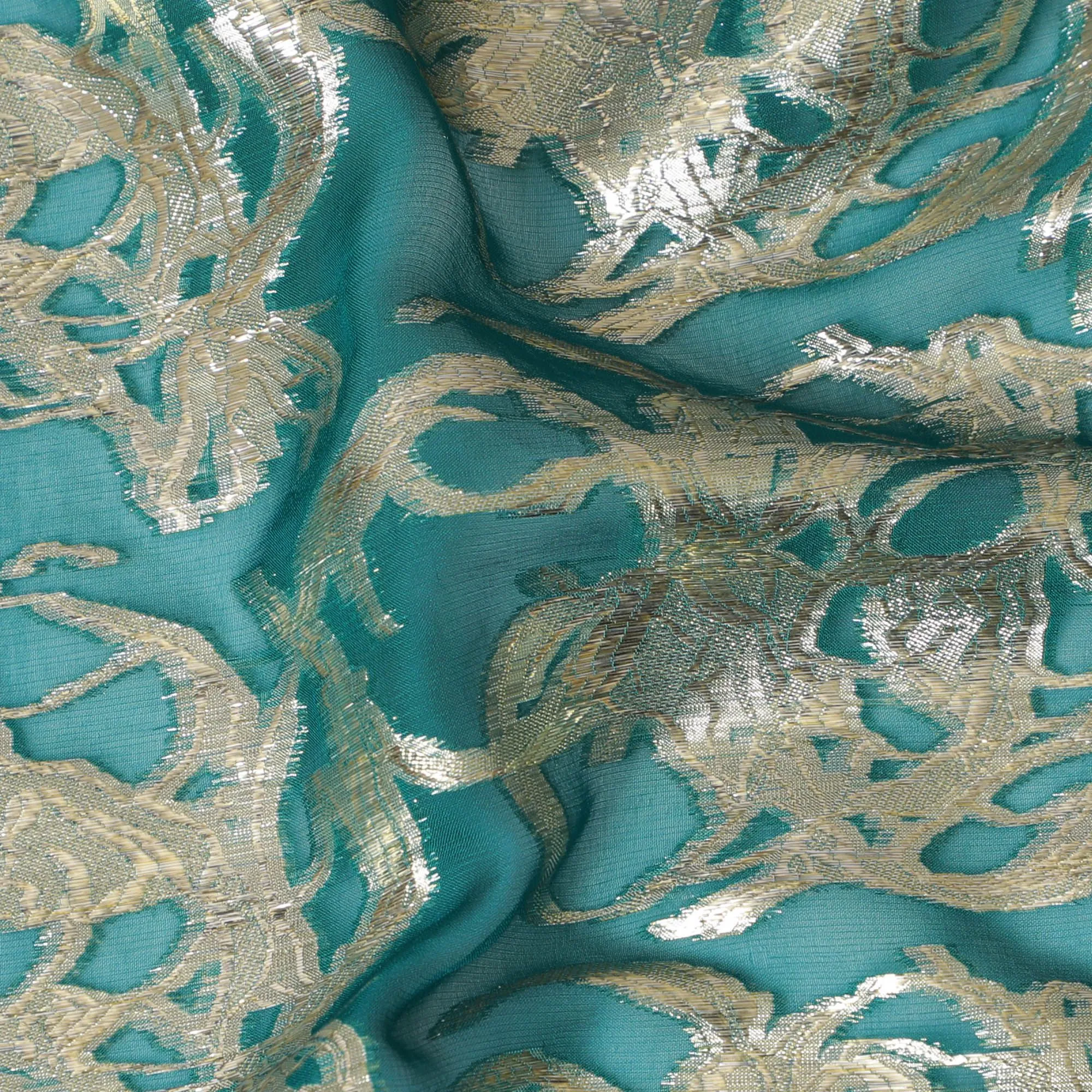 Teal green Pure Silk Chiffon with Ornate Silver Lurex, 110cm Width - Opulent Fabric from South Korea-D17907