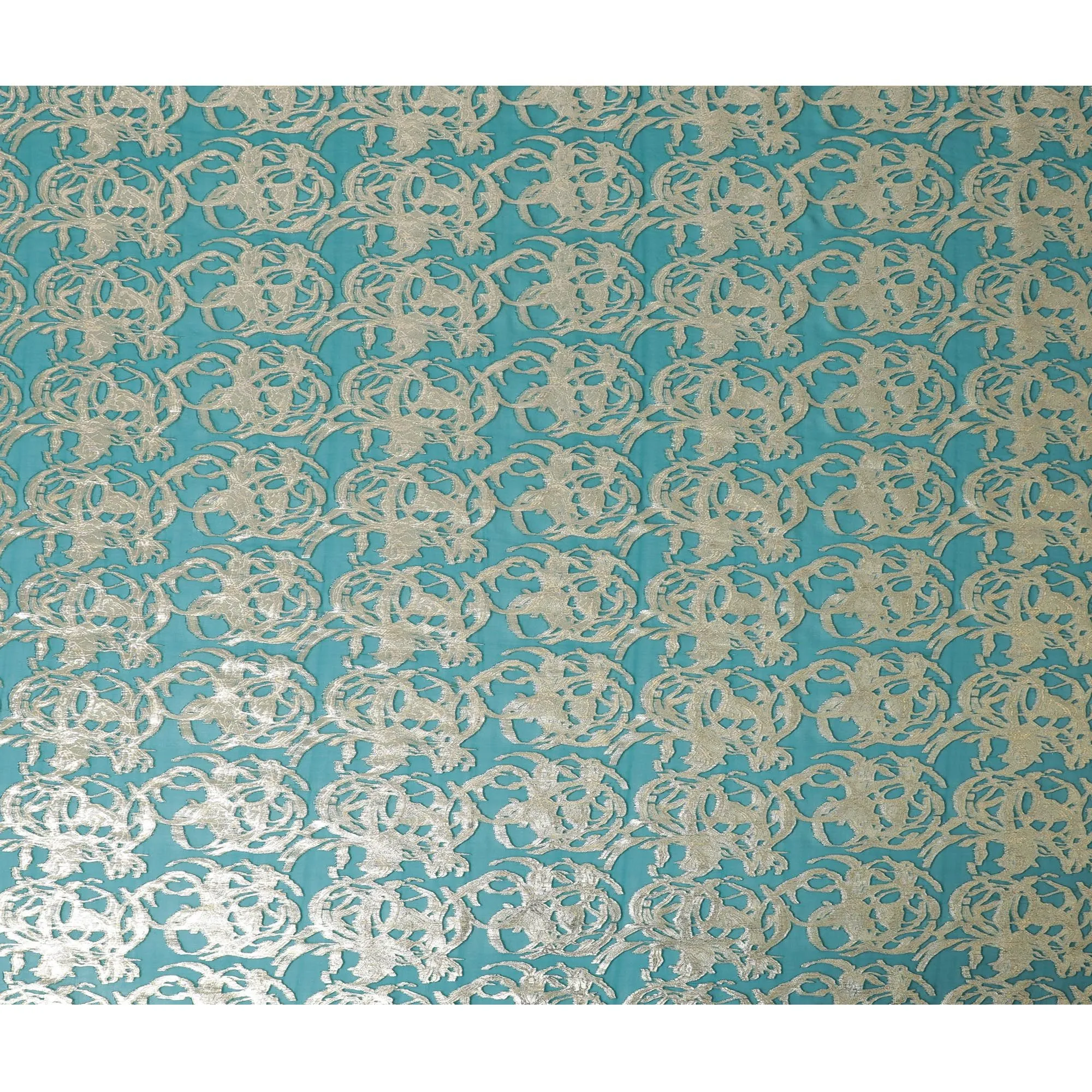 Teal green Pure Silk Chiffon with Ornate Silver Lurex, 110cm Width - Opulent Fabric from South Korea-D17907