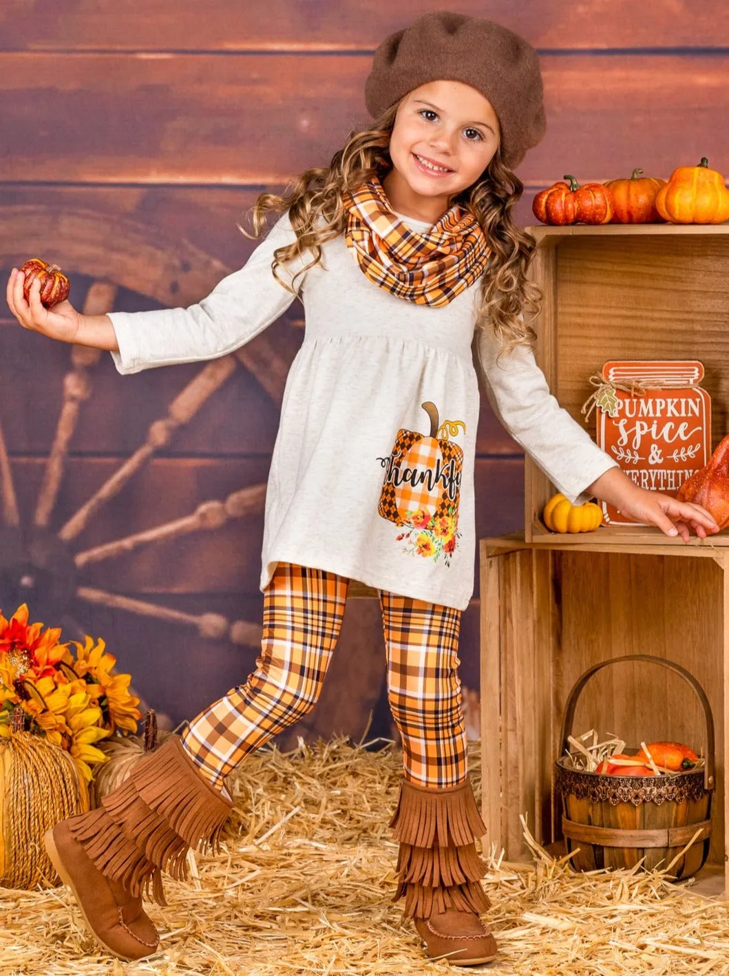 Thankful Pumpkin Tunic, Plaid Leggings And Scarf Set