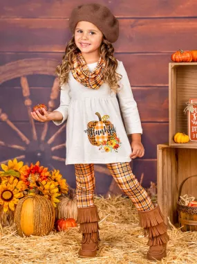 Thankful Pumpkin Tunic, Plaid Leggings And Scarf Set