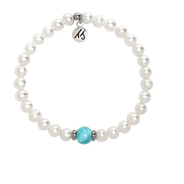 The Cape Bracelet - White Pearl 6mm with Larimar Ball