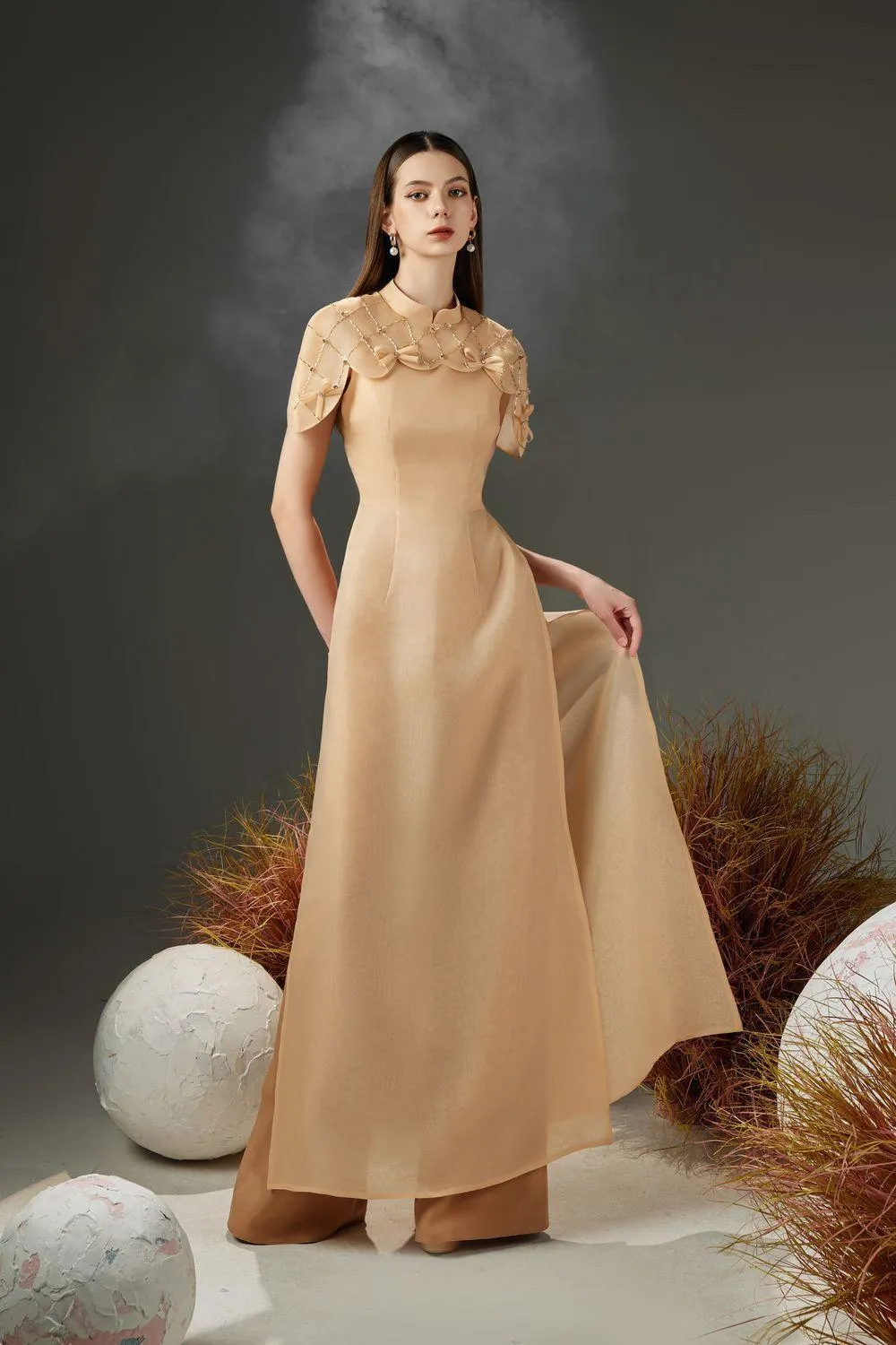 Tristan A-line Cape Sleeved Organza Floor Length Ao Dai