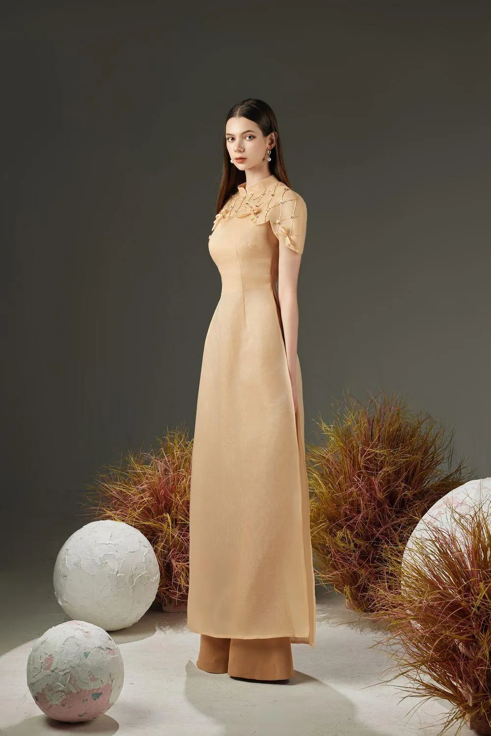 Tristan A-line Cape Sleeved Organza Floor Length Ao Dai