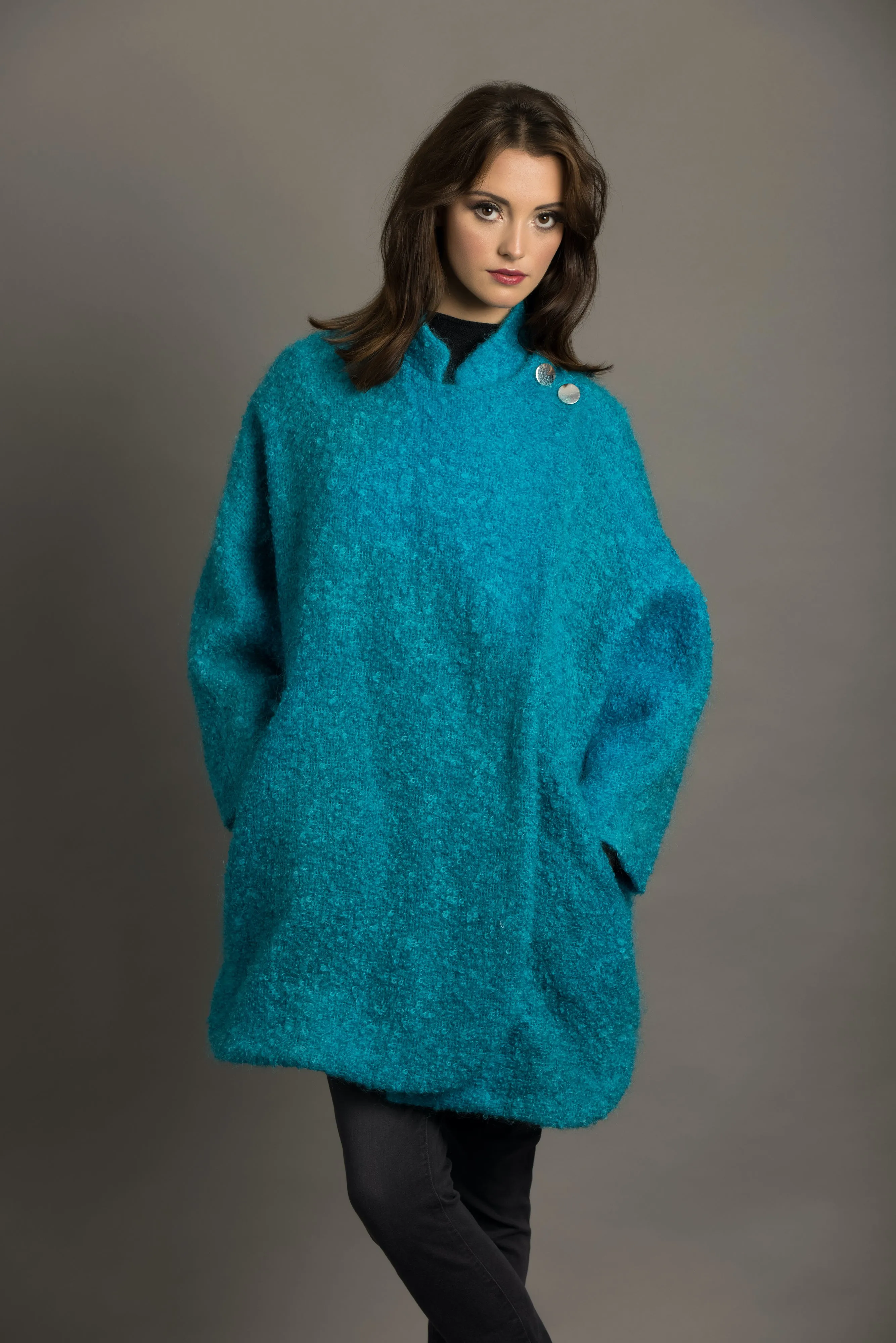 Turquoise Boucle Wool-Ladies cape coat.