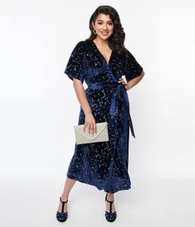 Unique Vintage 1970s Navy & Silver Stars Velvet Wrap Midi Dress