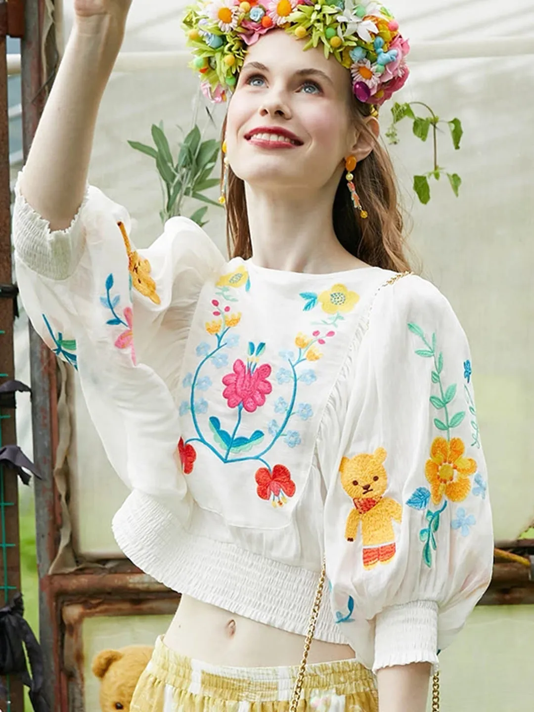 Unlogical Poem Bohemian Illustration Embroidery Silk Linen Cape Sleeve Blouse