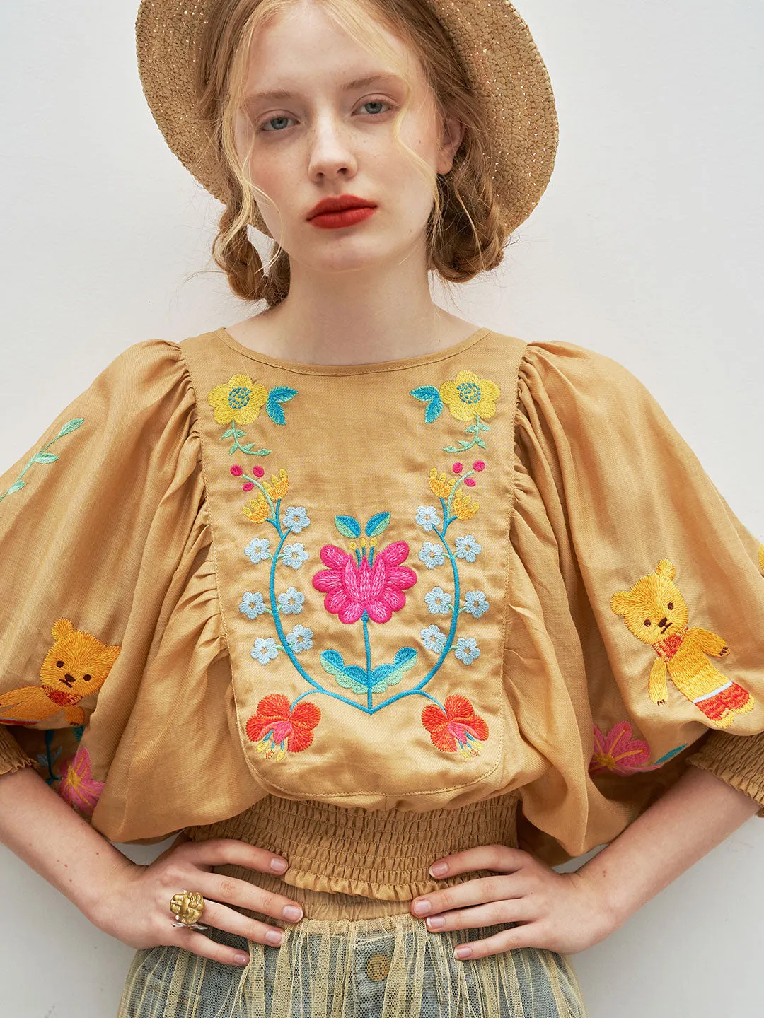 Unlogical Poem Bohemian Illustration Embroidery Silk Linen Cape Sleeve Blouse