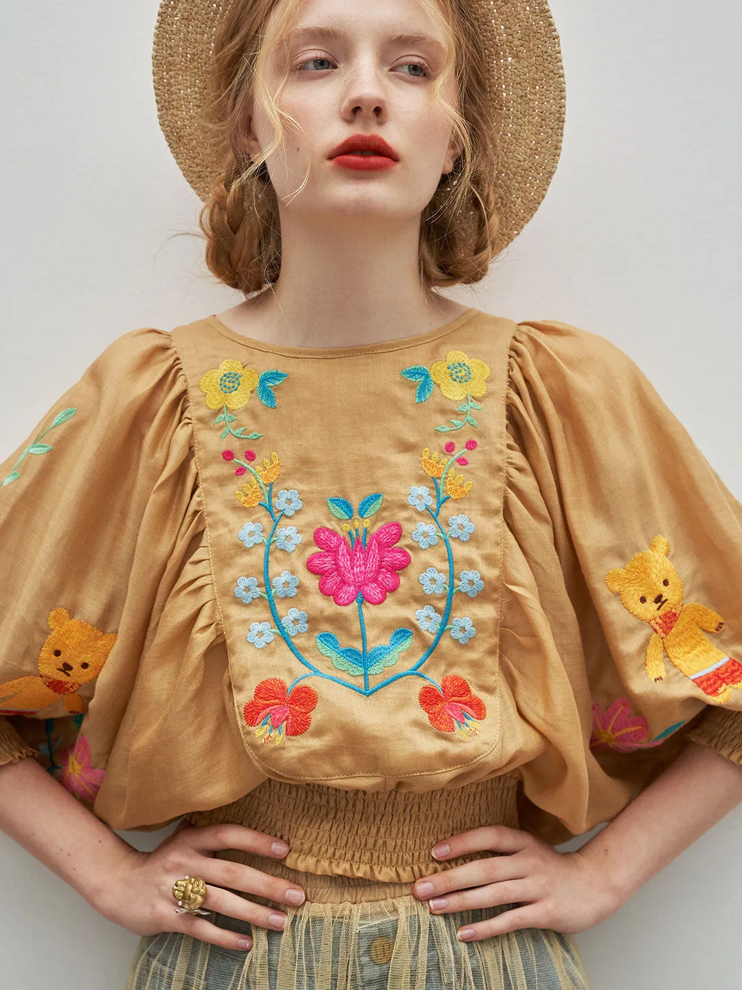 Unlogical Poem Bohemian Illustration Embroidery Silk Linen Cape Sleeve Blouse