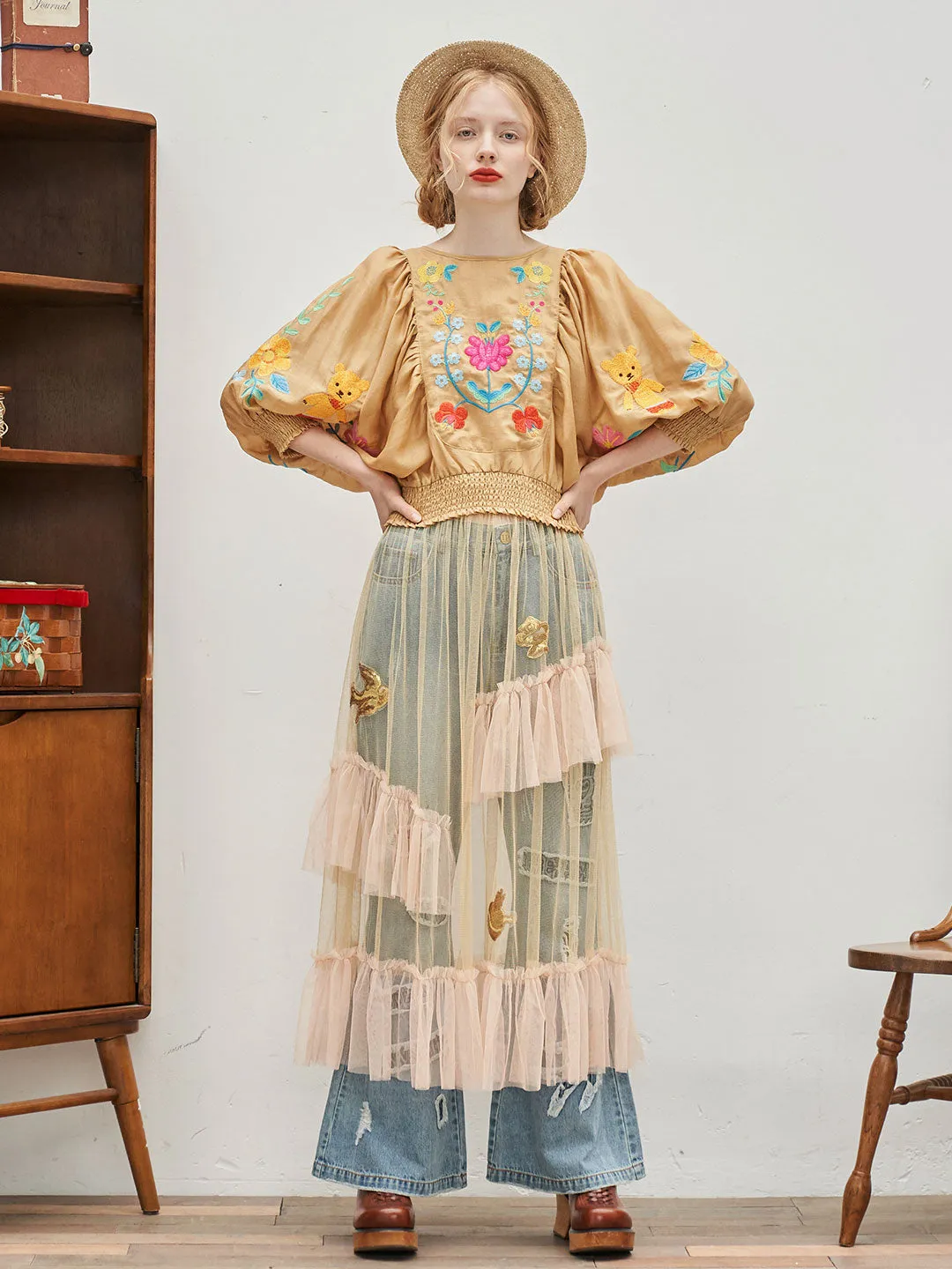 Unlogical Poem Bohemian Illustration Embroidery Silk Linen Cape Sleeve Blouse