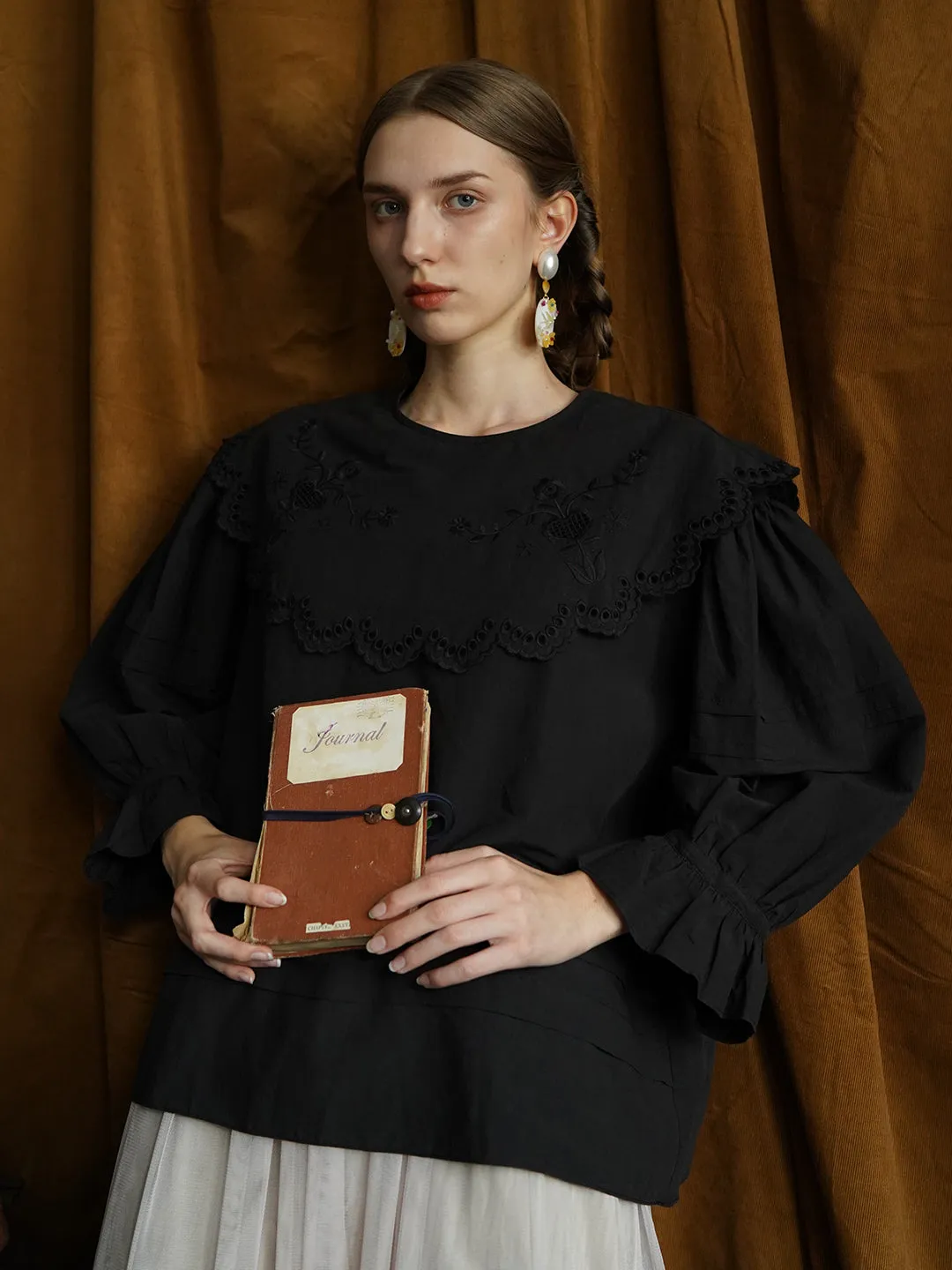 Unlogical Poem Victorian style Hollow Embroidery Black Shirt