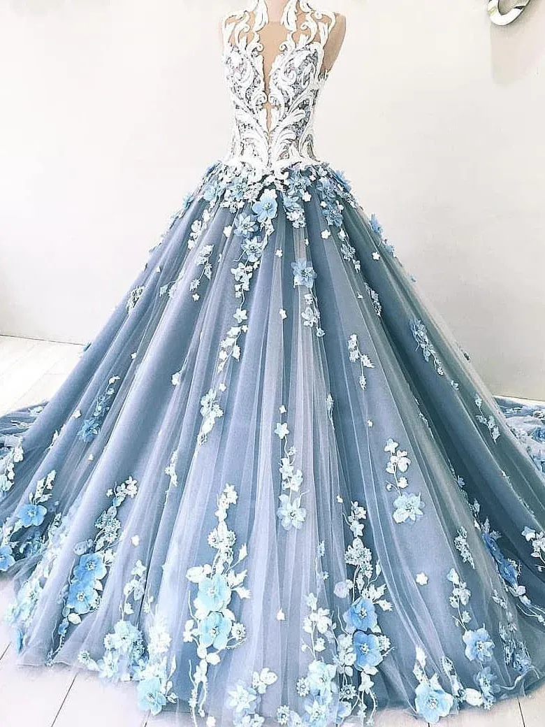 Vintage Ball Gown Prom Dress Tulle High Neck Customed Prom Dress     fg3052