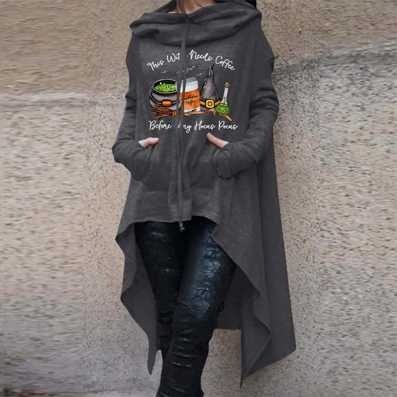 Wenkouban Halloween Costume Halloween Witch Hoodies Y2K Fashion Printed Irregular Hem Oversize Female Long Sleeve Hooded Cloak Pullover Women's Sweatshirt