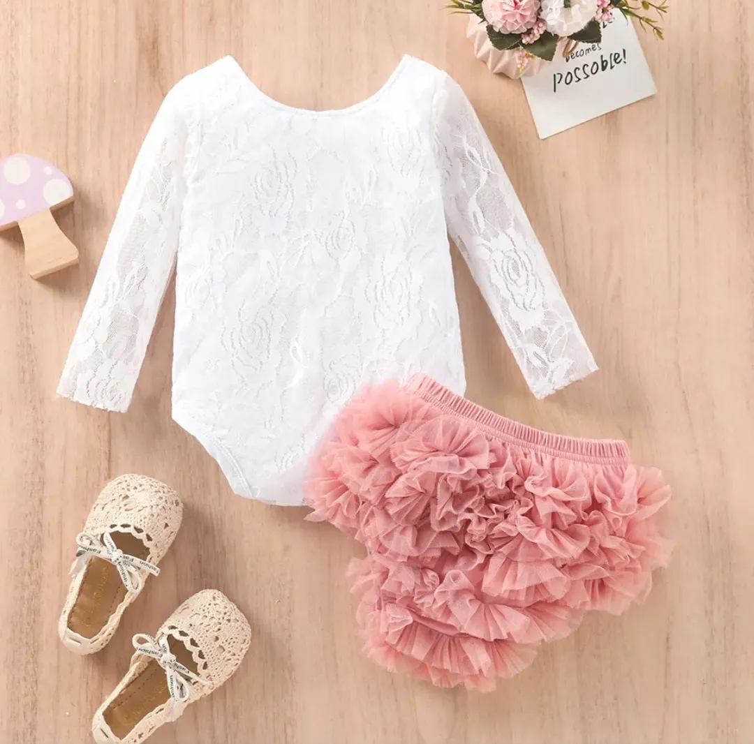 White Lace Birthday Romper with Lace Bloomer #1000521