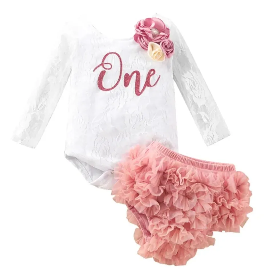 White Lace Birthday Romper with Lace Bloomer #1000521