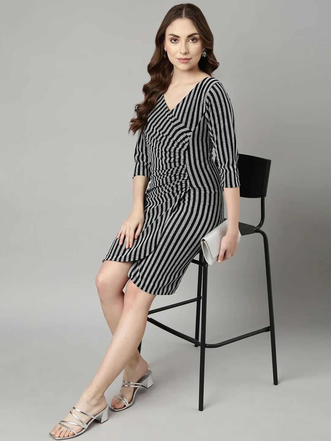 Women Grey Striped Wrap Dress