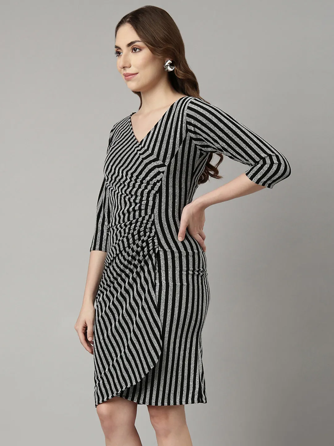 Women Grey Striped Wrap Dress