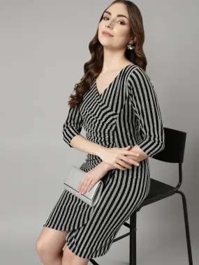 Women Grey Striped Wrap Dress