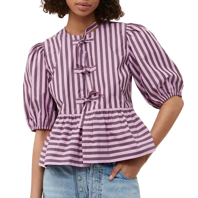 Women's Puff Sleeve Cotton Lace-Up Shirt